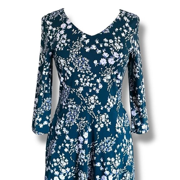 Pact Organic Womens Party Dress Sz Small Dark Teal Blue White Floral Midi V-neck - Picture 3 of 8